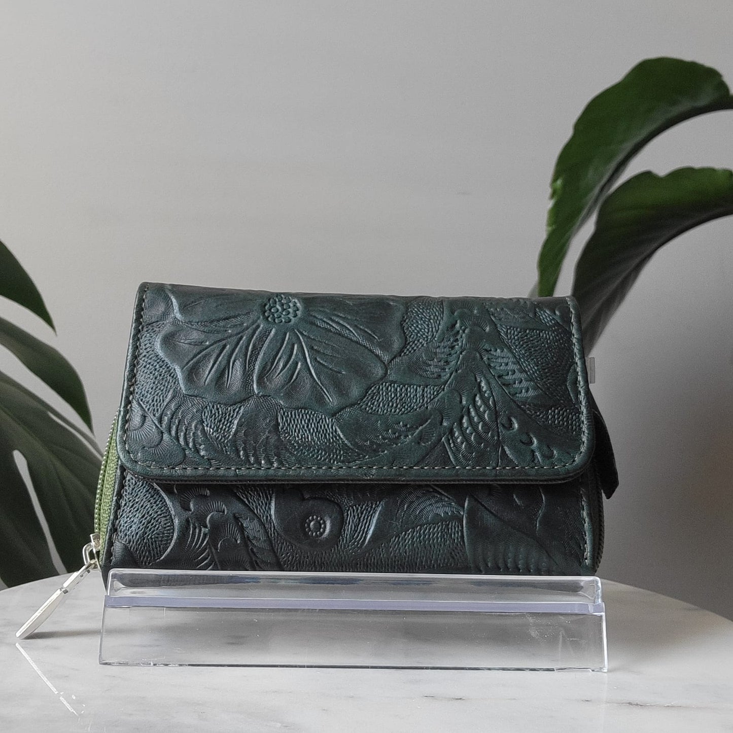 Medium Embossed Leather Floral Trifold Zipper Wallet