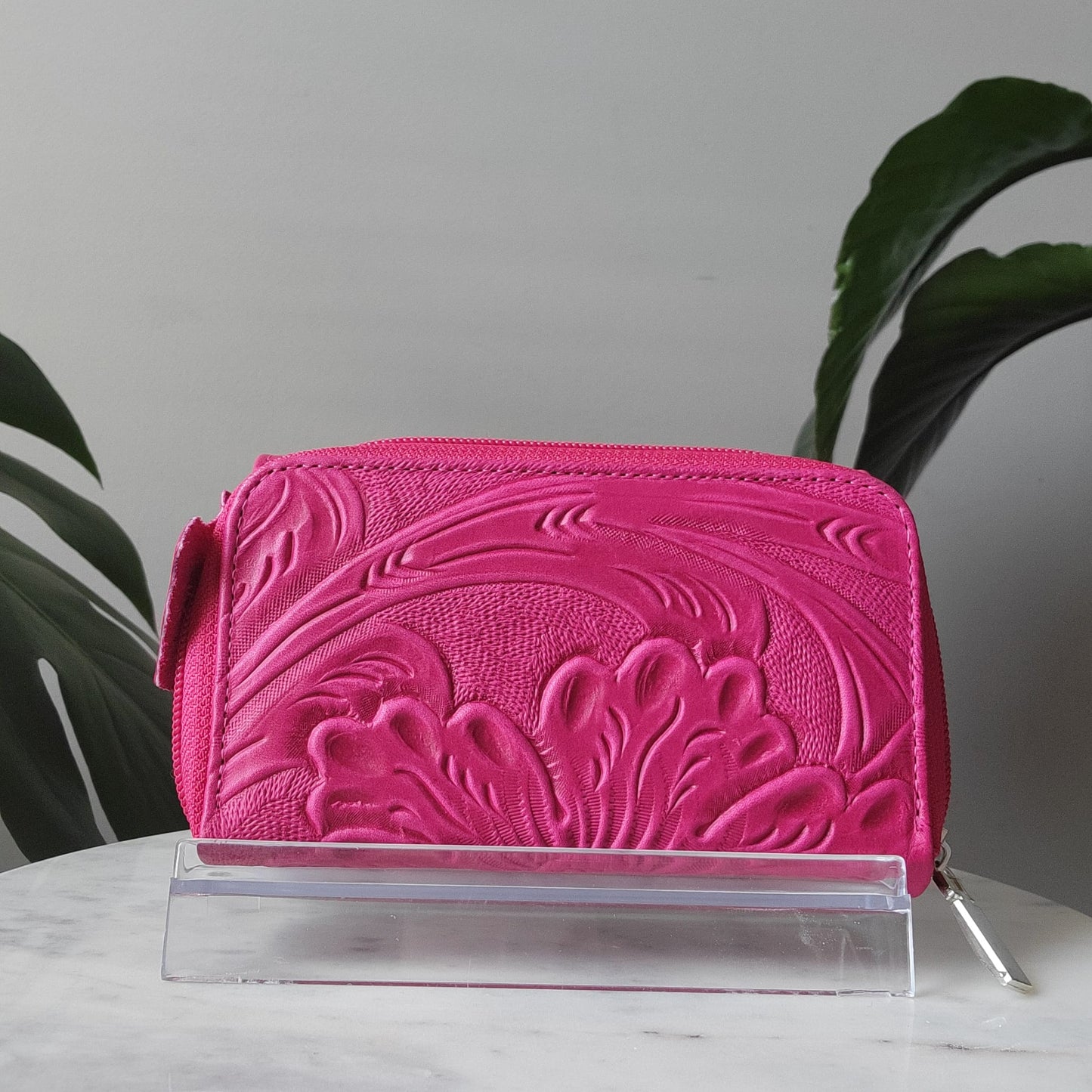 Medium Embossed Leather Floral Trifold Zipper Wallet